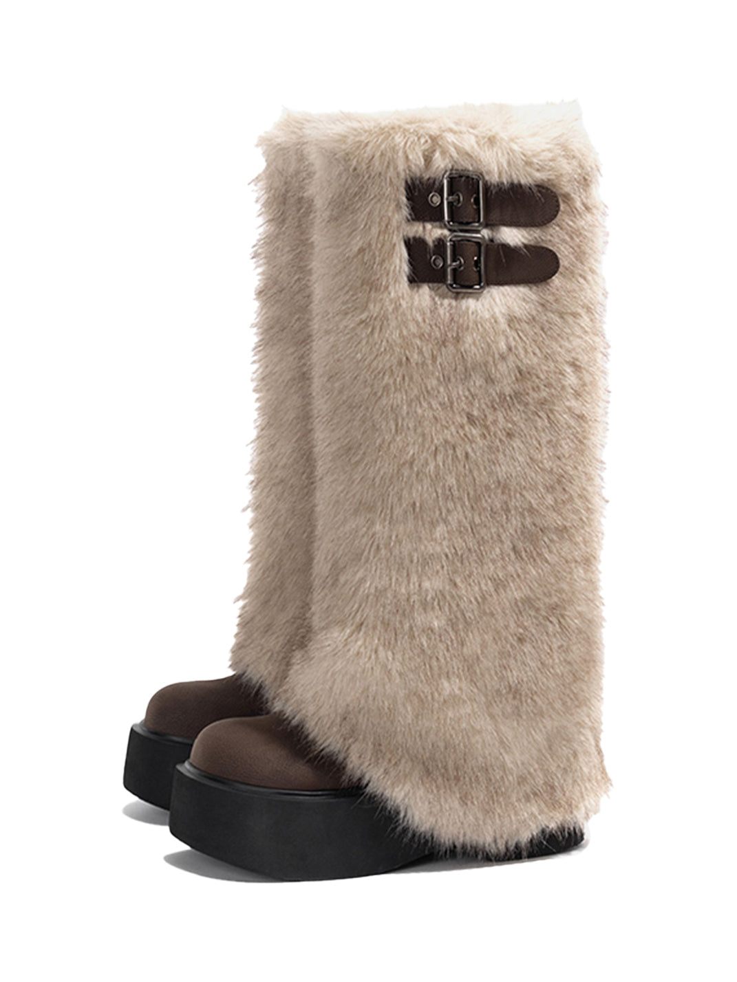 Faux Fur Double-Buckle Platform Tall Boots