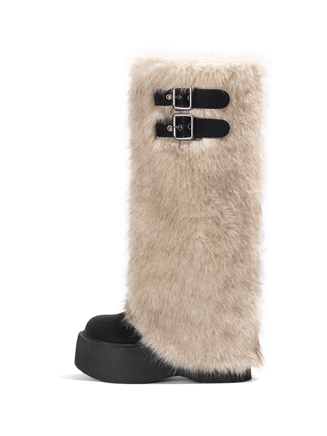 Faux Fur Double-Buckle Platform Tall Boots
