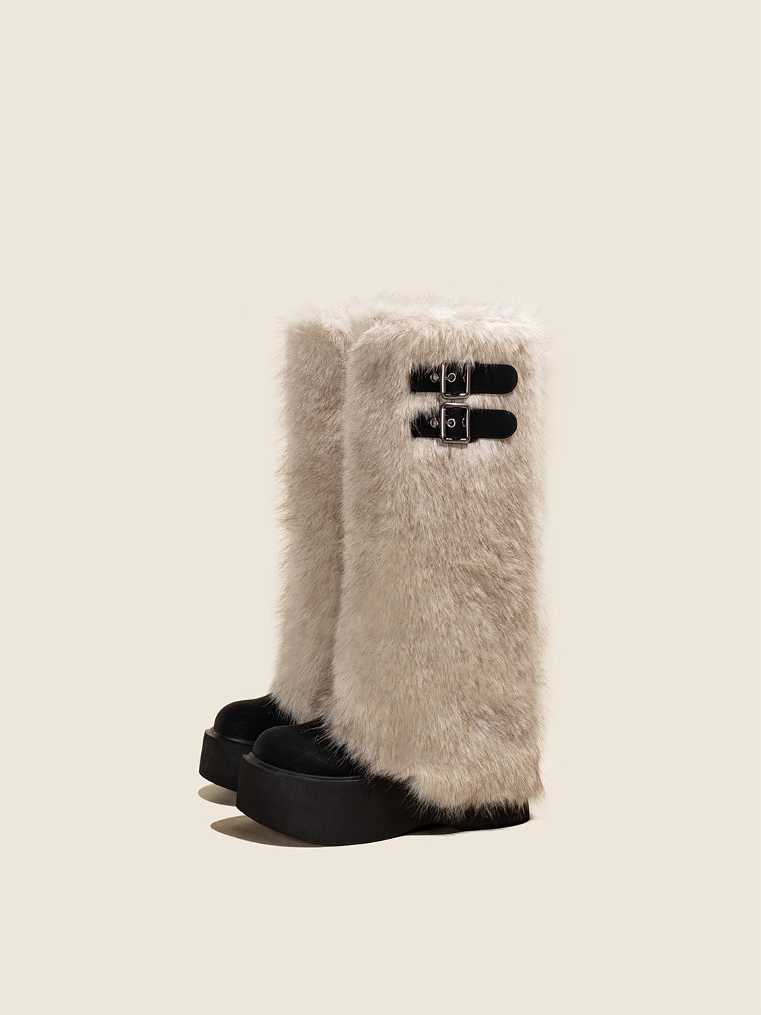 Faux Fur Double-Buckle Platform Tall Boots