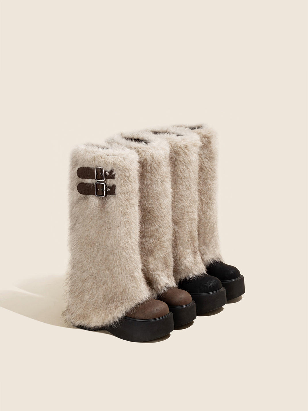 Faux Fur Double-Buckle Platform Tall Boots