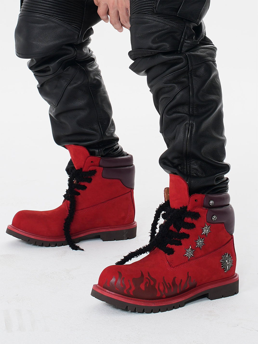 Flame Applique Genuine Leather Combat Boots - Skipkicks