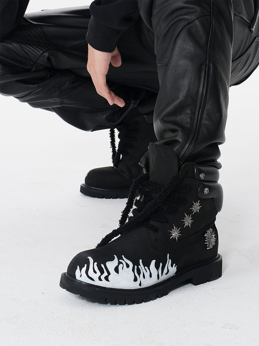 Flame Applique Genuine Leather Combat Boots - Skipkicks