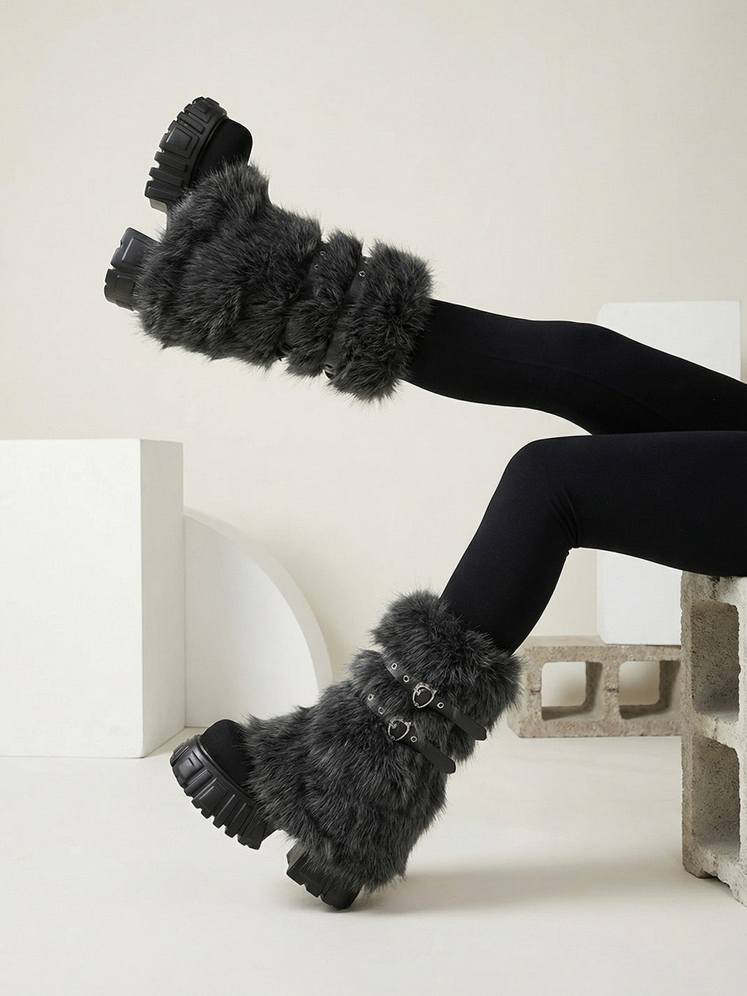 Gray Fur Gaiter Platform Calf Boots - Skipkicks