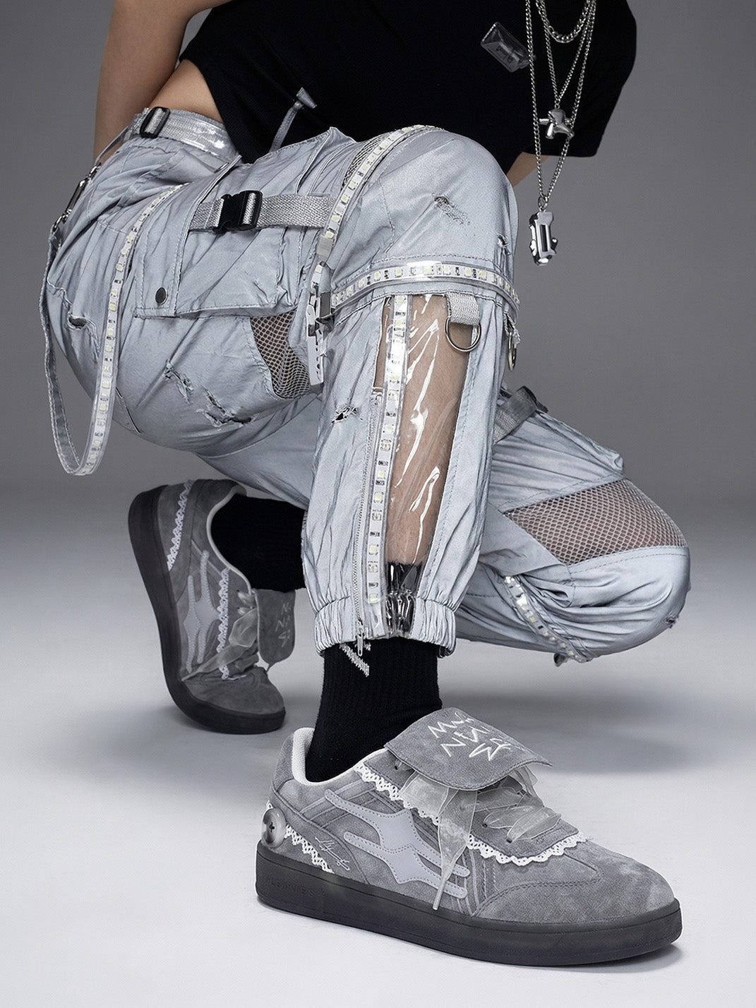 Grey Lace-Wrapped Retro Trainer Sneakers - Skipkicks