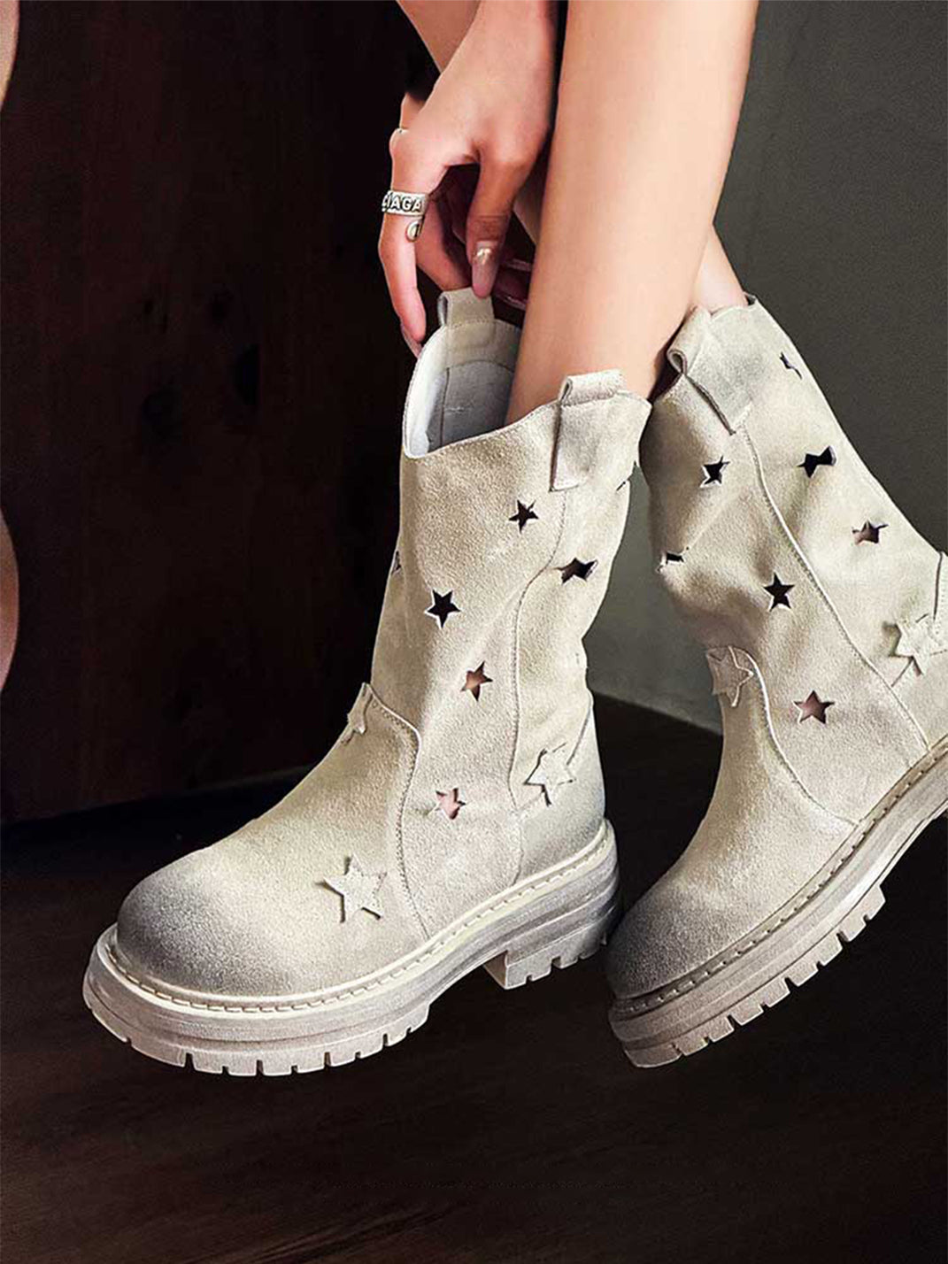 Gray Perforated-Star Nubuck Platform Boots - Skipkicks