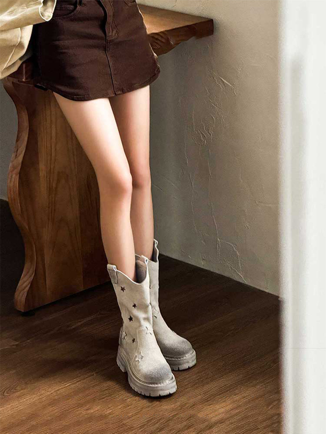 Gray Perforated-Star Nubuck Platform Boots - Skipkicks