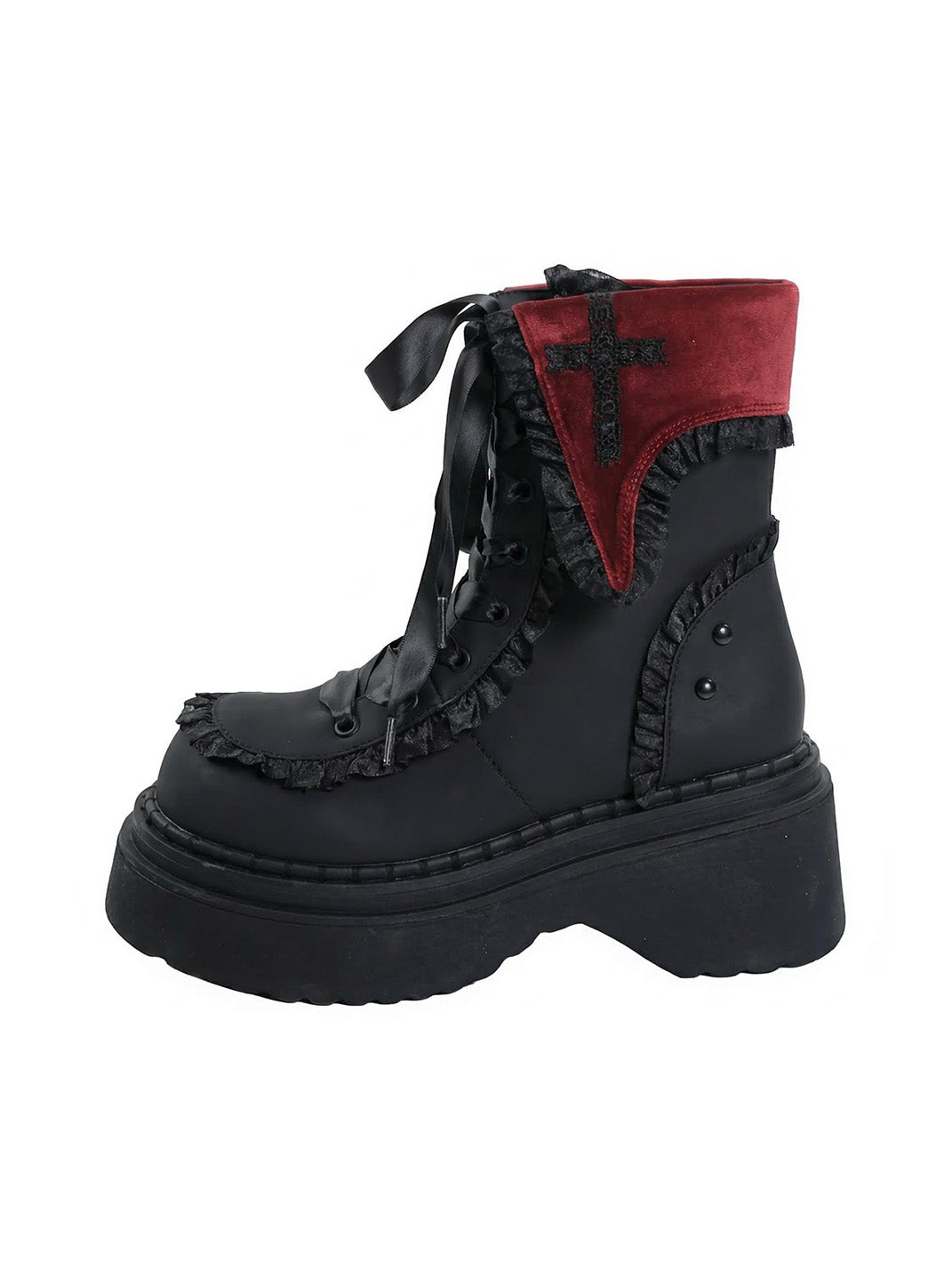 Cross-Applique Red-Lace Platform Combat Boots - Skipkicks