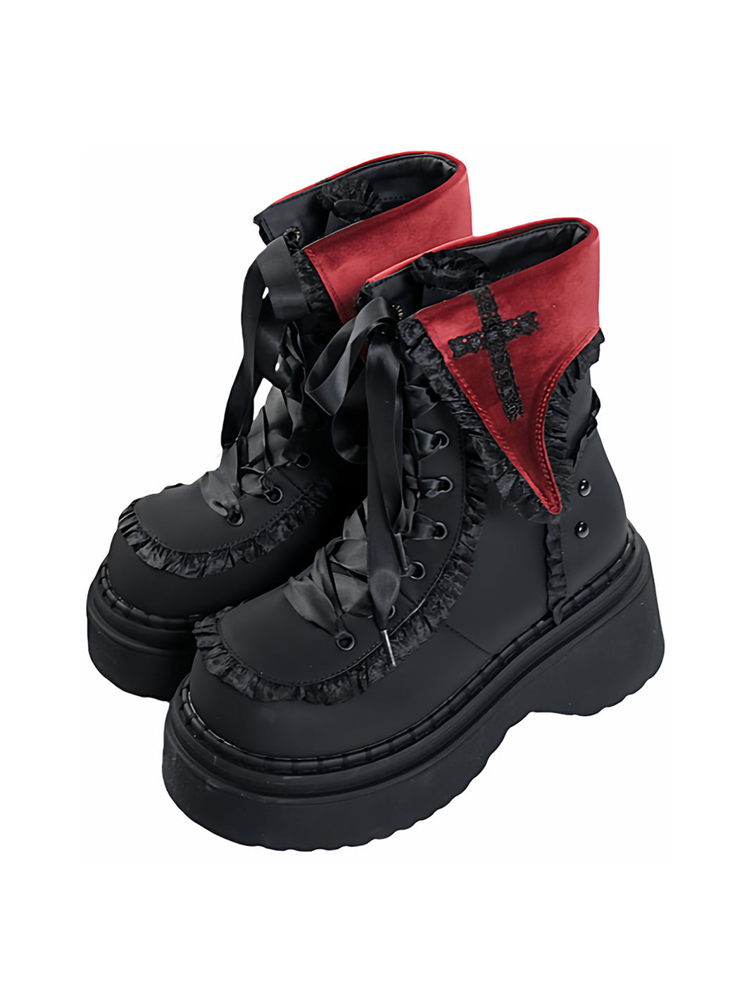 Cross-Applique Red-Lace Platform Combat Boots - Skipkicks