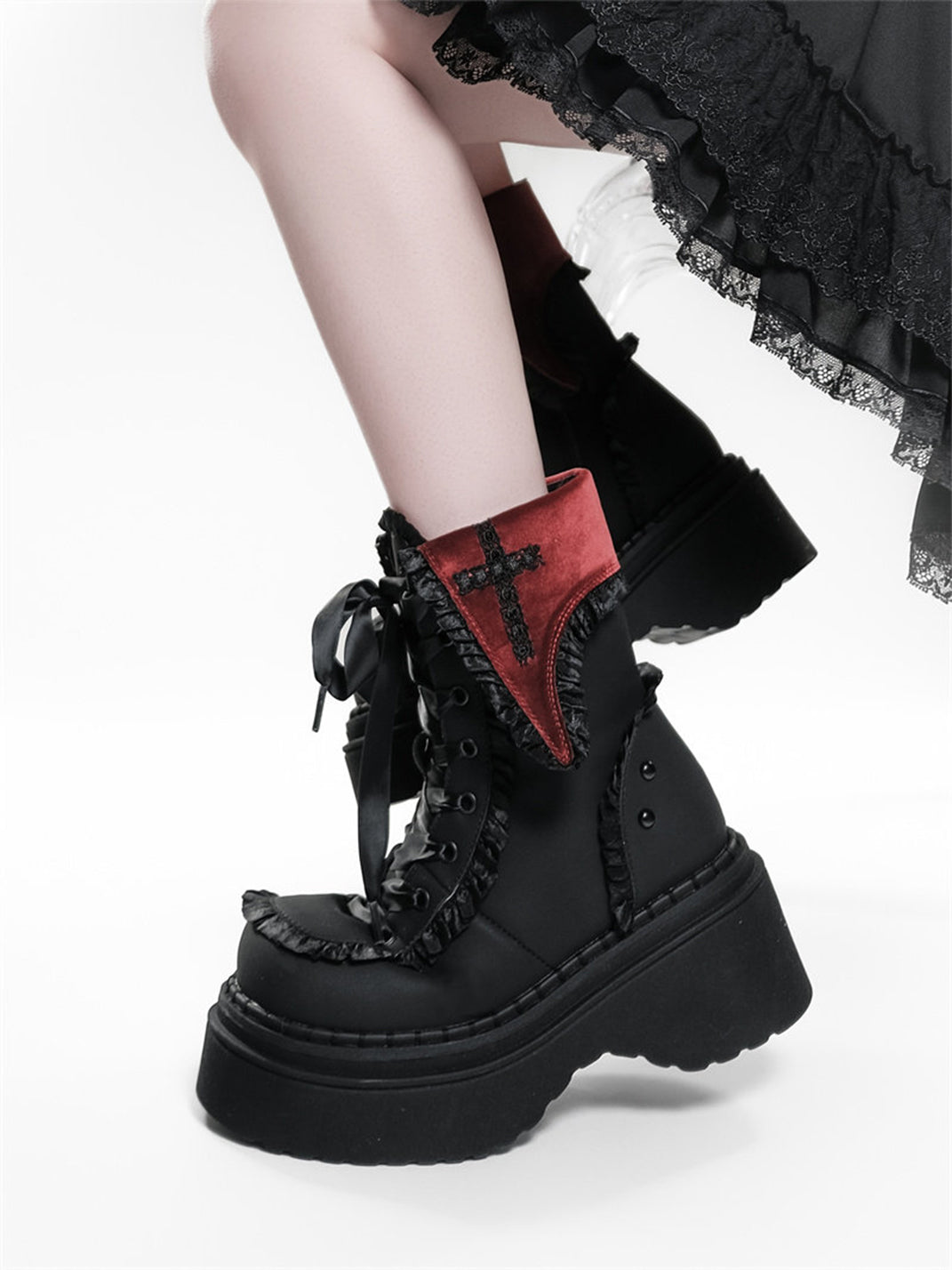 Cross-Applique Red-Lace Platform Combat Boots - Skipkicks