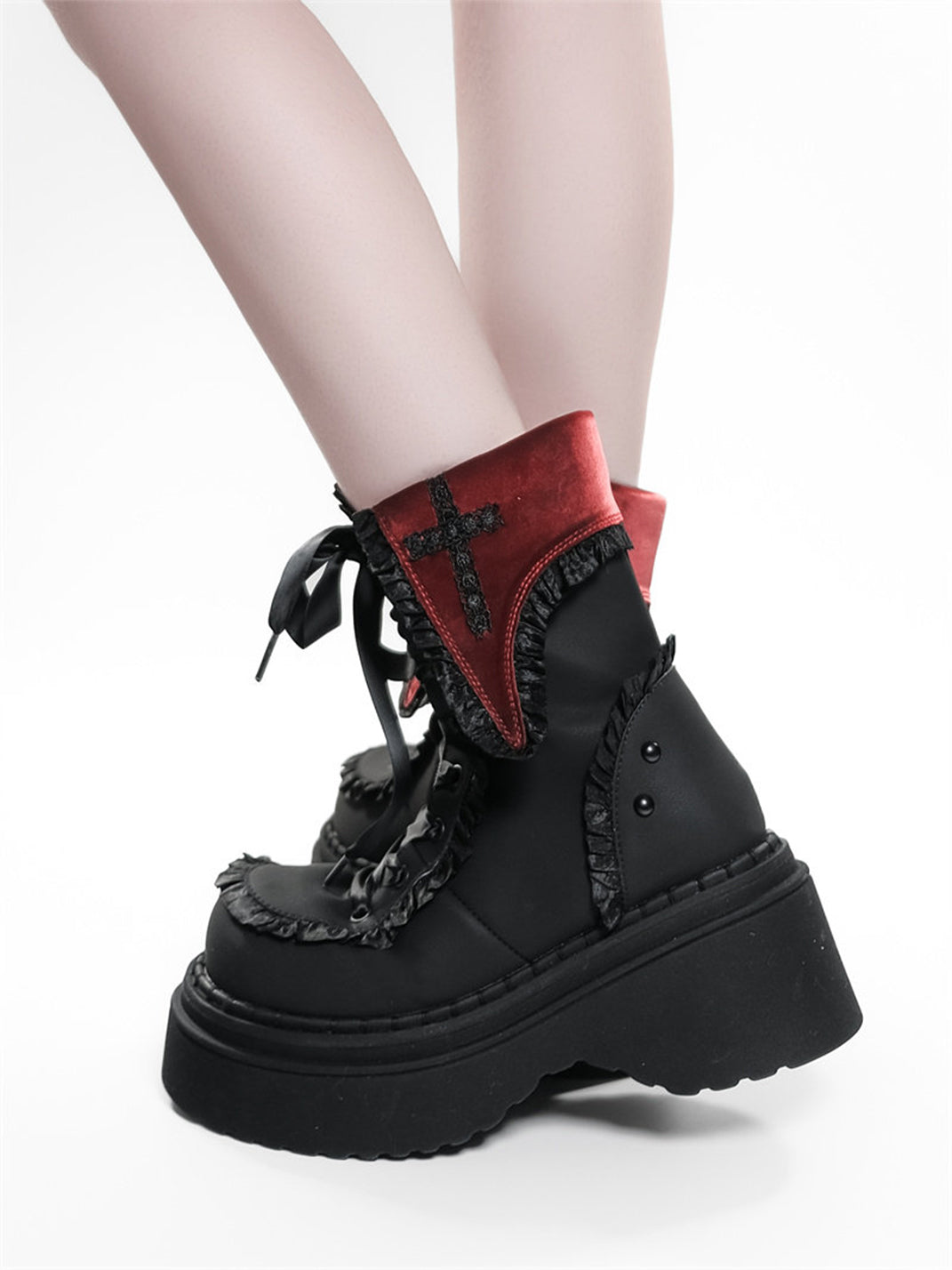 Cross-Applique Red-Lace Platform Combat Boots - Skipkicks