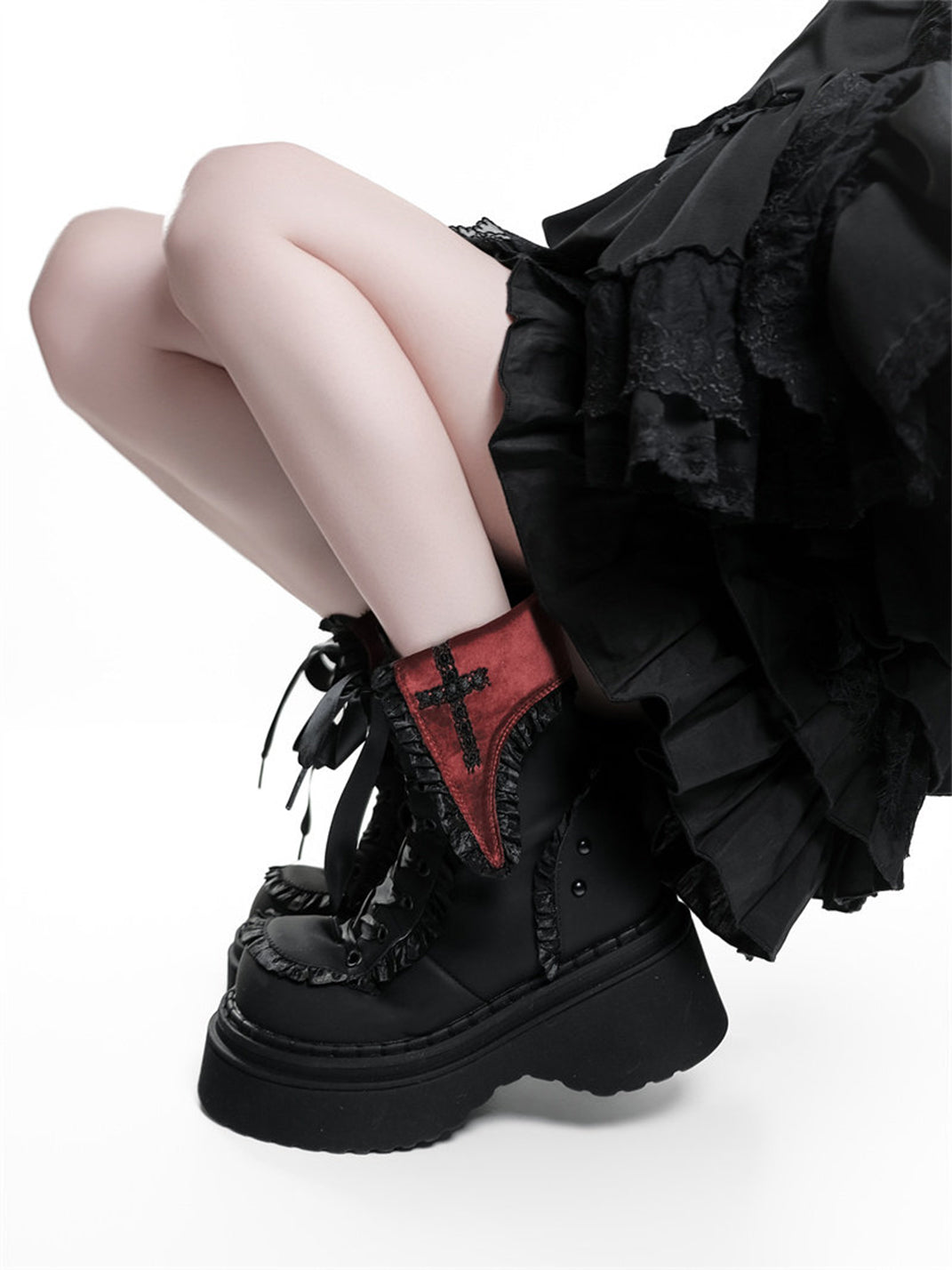 Cross-Applique Red-Lace Platform Combat Boots - Skipkicks