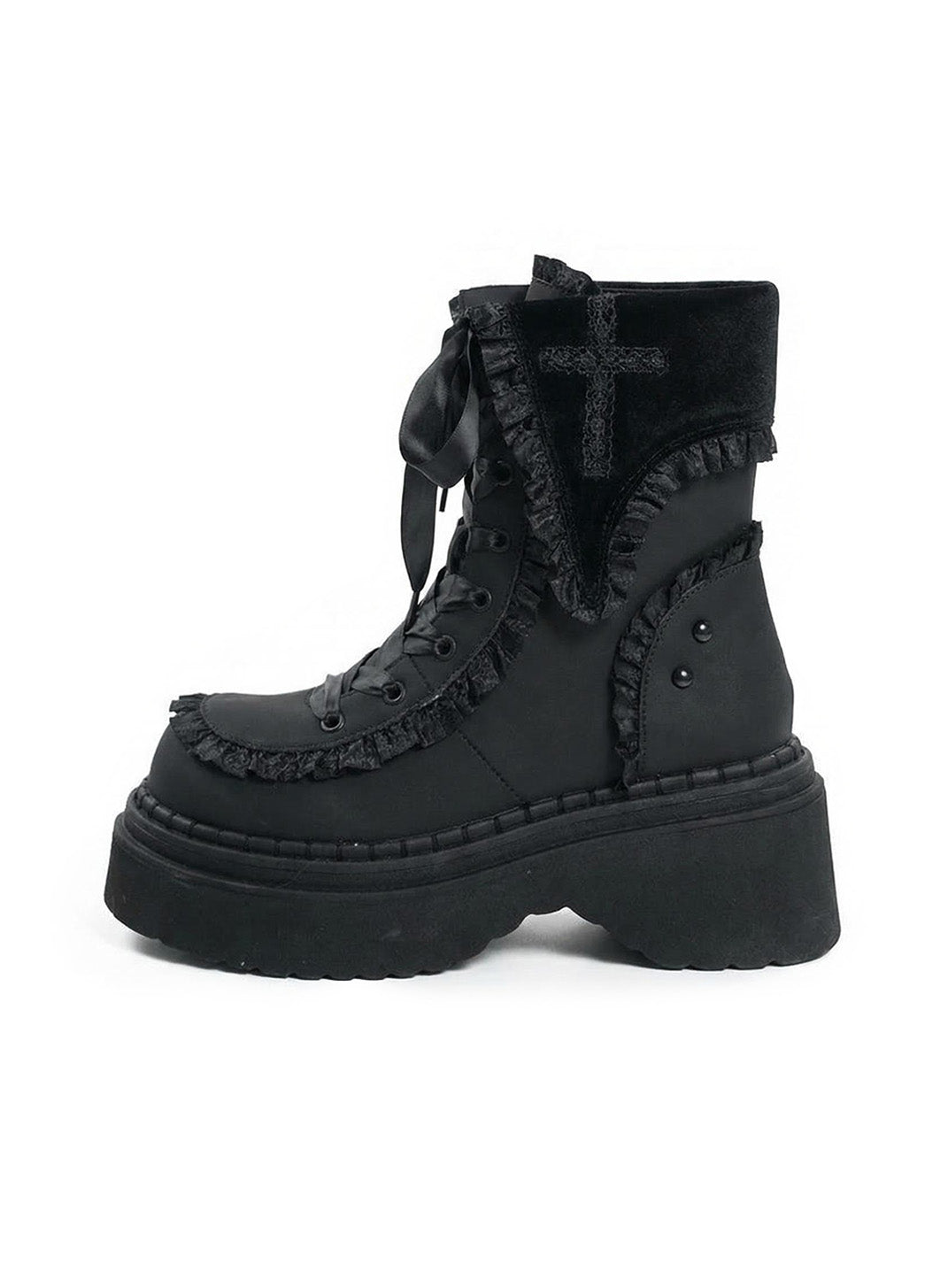 Cross-Applique Red-Lace Platform Combat Boots - Skipkicks