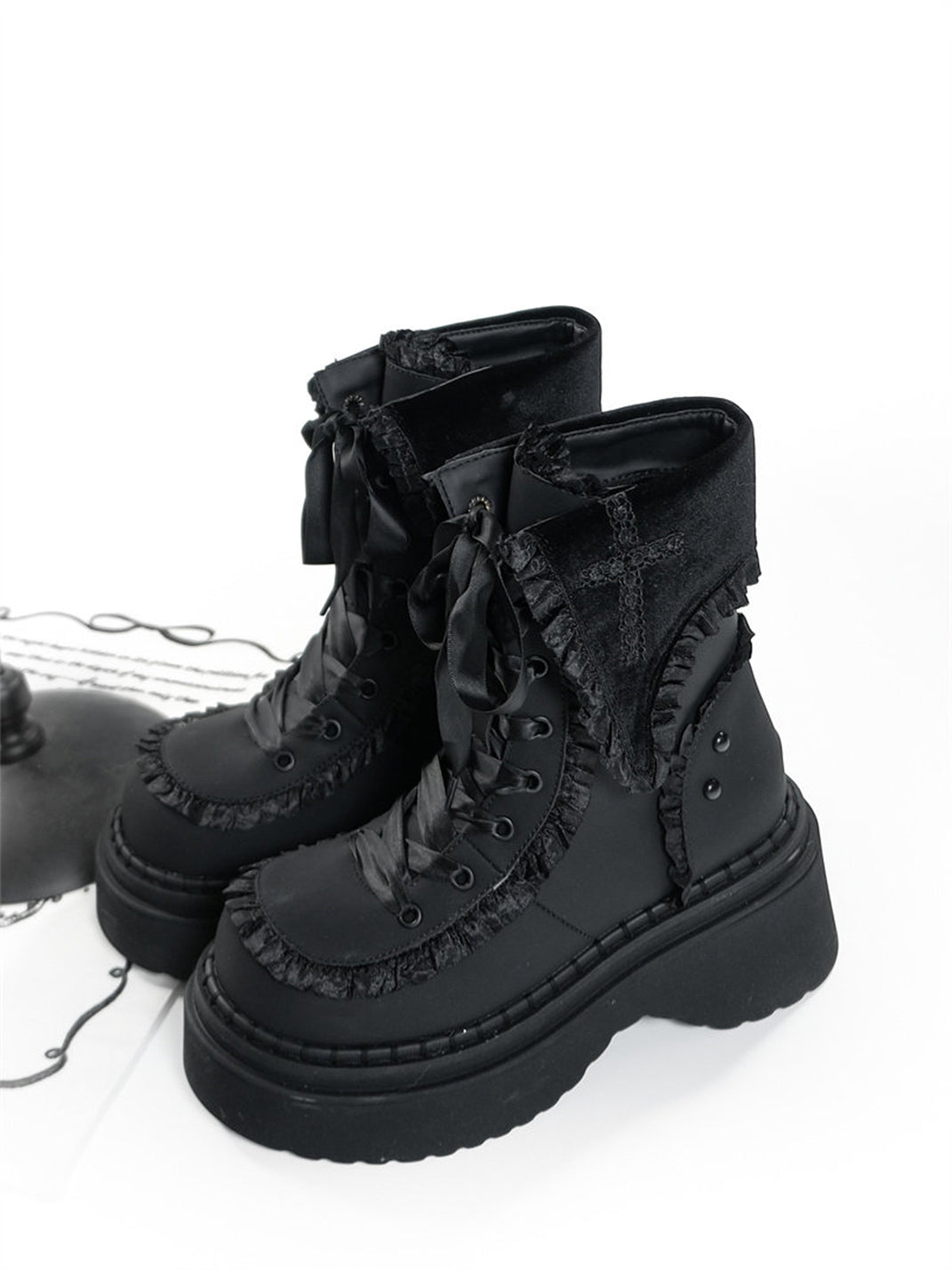 Cross-Applique Red-Lace Platform Combat Boots - Skipkicks