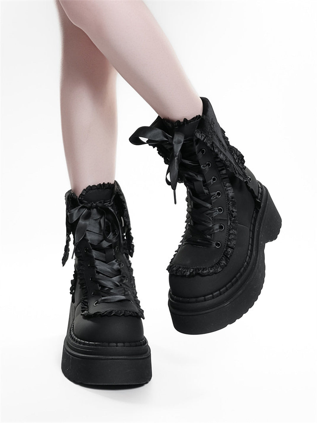 Cross-Applique Red-Lace Platform Combat Boots - Skipkicks