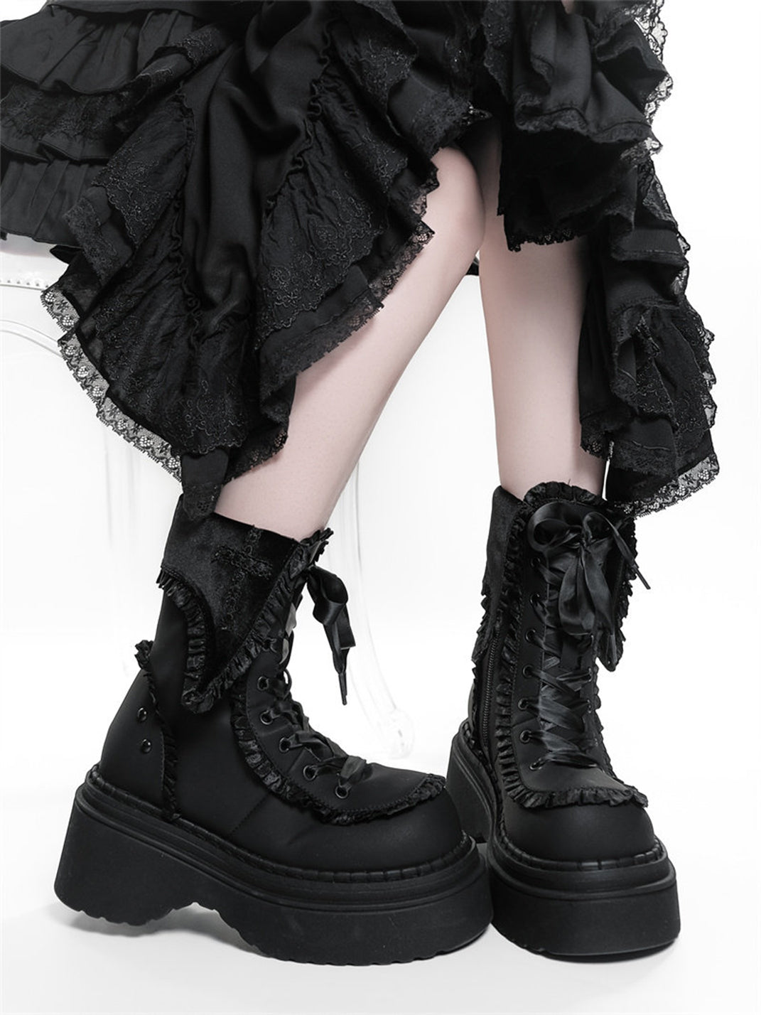 Cross-Applique Red-Lace Platform Combat Boots - Skipkicks