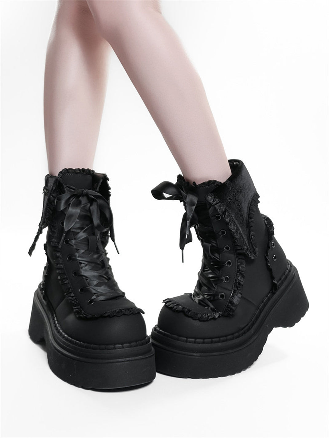 Cross-Applique Red-Lace Platform Combat Boots - Skipkicks