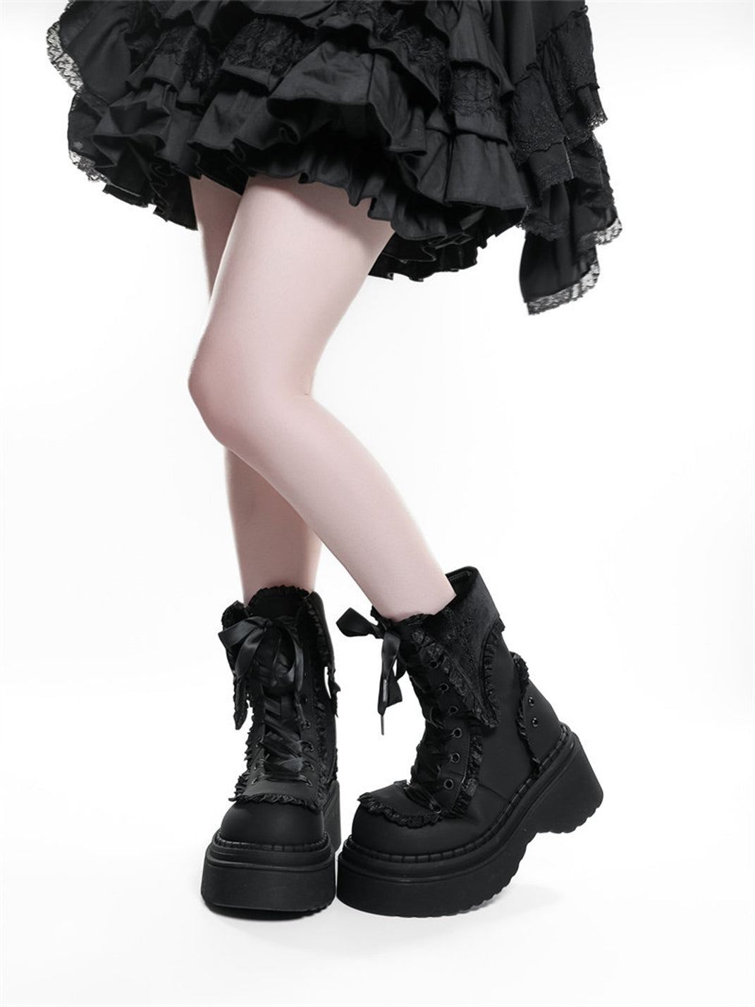 Cross-Applique Red-Lace Platform Combat Boots - Skipkicks