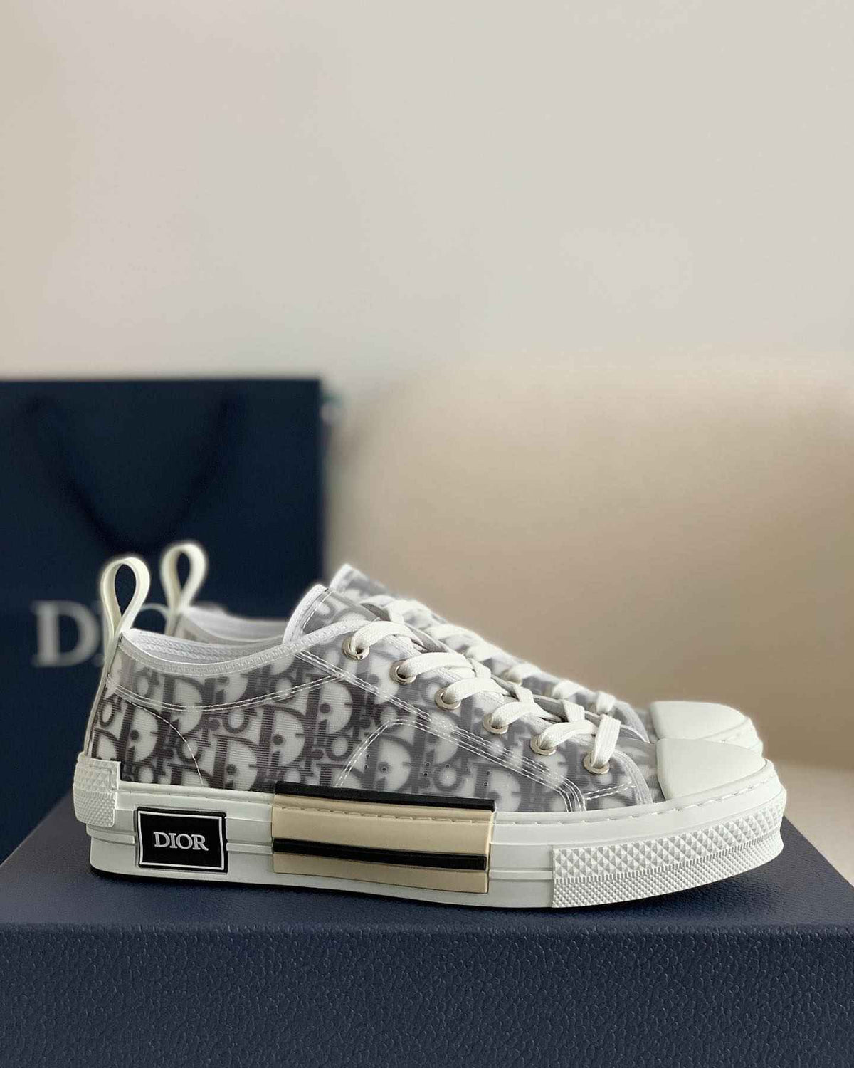 Dior B23 Low-Top Sneaker in White Dior Oblique Transparent Canvas with Gold-Tone Midsole Detail