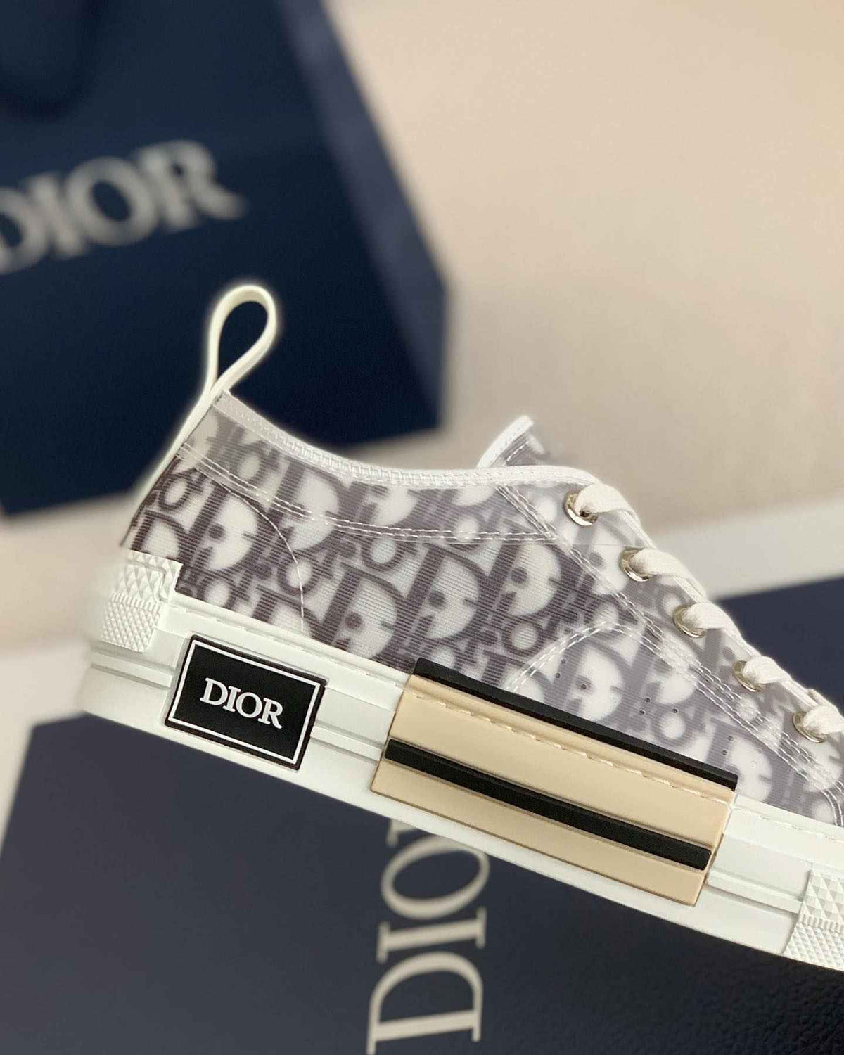 Dior B23 Low-Top Sneaker in White Dior Oblique Transparent Canvas with Gold-Tone Midsole Detail
