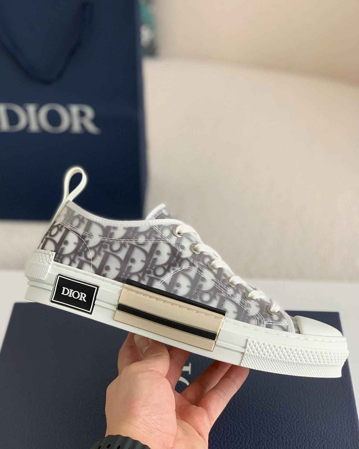 Dior B23 Low-Top Sneaker in White Dior Oblique Transparent Canvas with Gold-Tone Midsole Detail