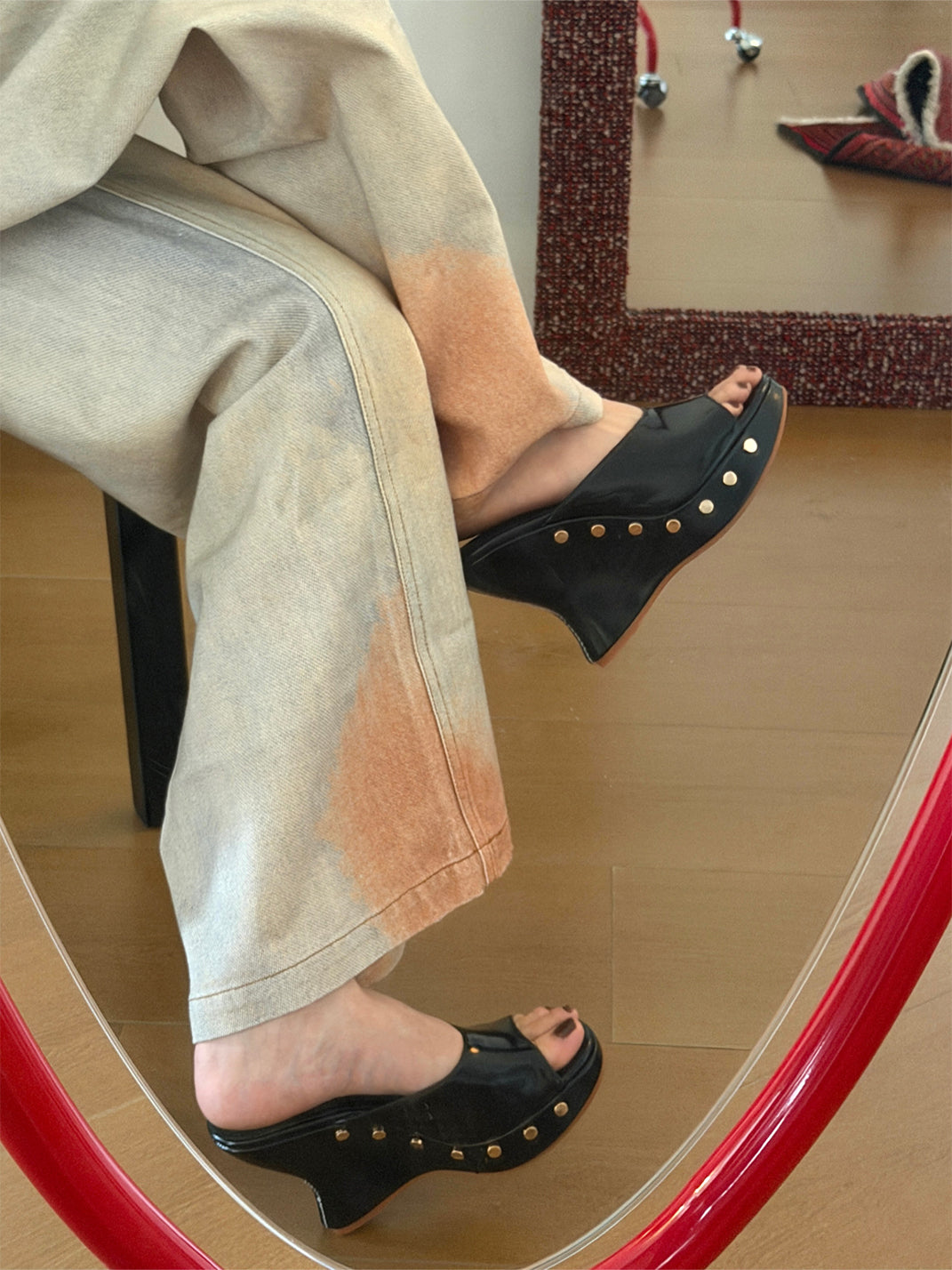 Studded Open-Toe Platform Wedge Mules - Skipkicks