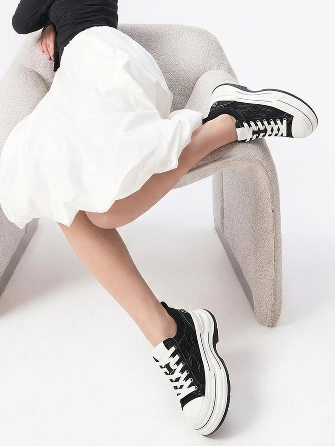 Black 7 cm Layered-Platform Canvas Sneakers - Skipkicks