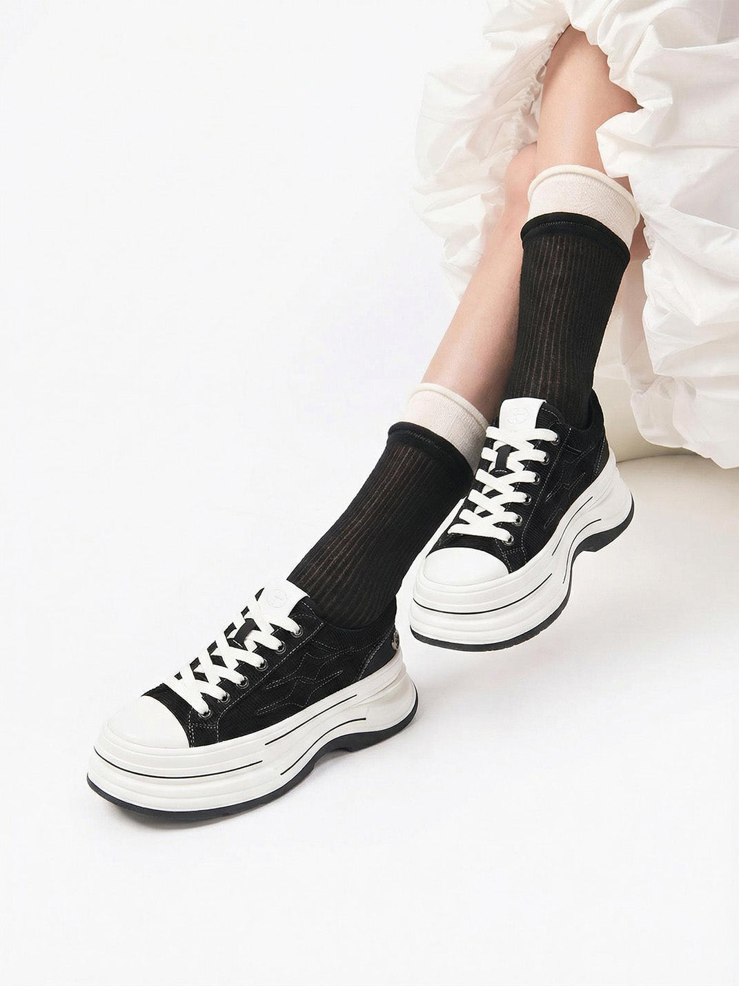 Black 7 cm Layered-Platform Canvas Sneakers - Skipkicks