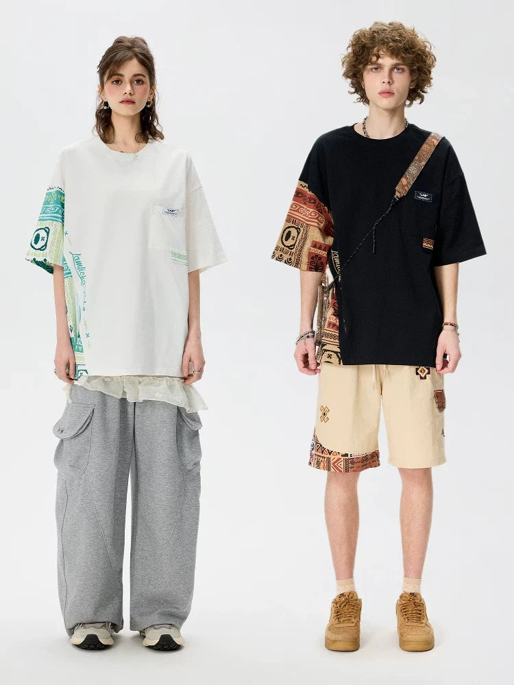 Ethnic Panel Oversized Cotton T-Shirt