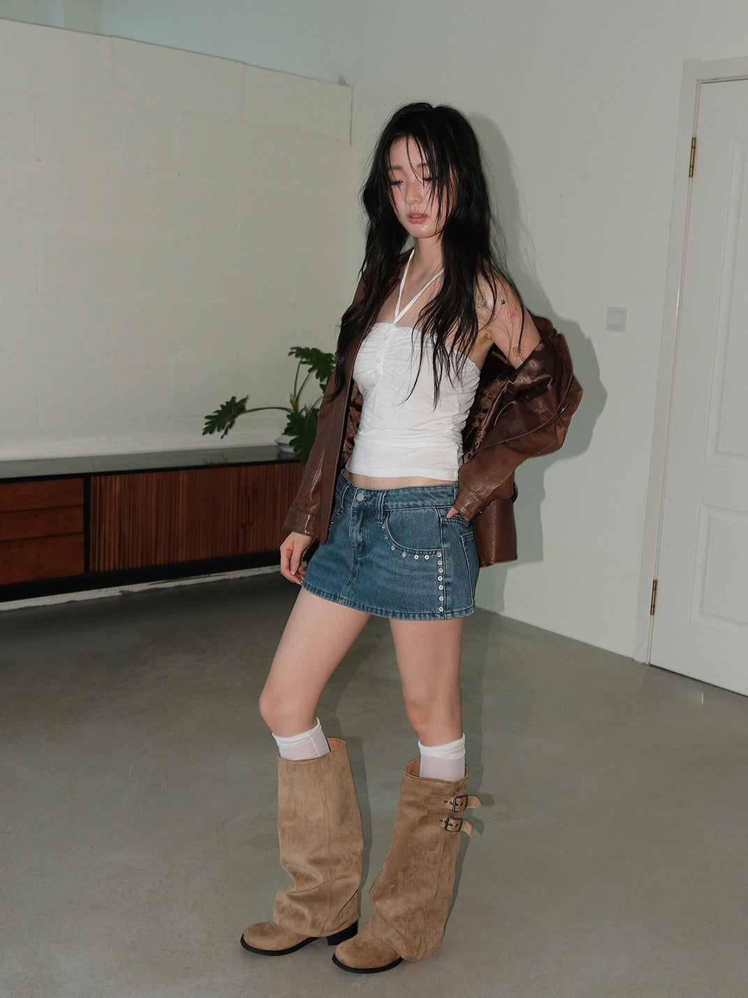Camel Buckled Slouch-Shaft Leather Riding Boots - Skipkicks