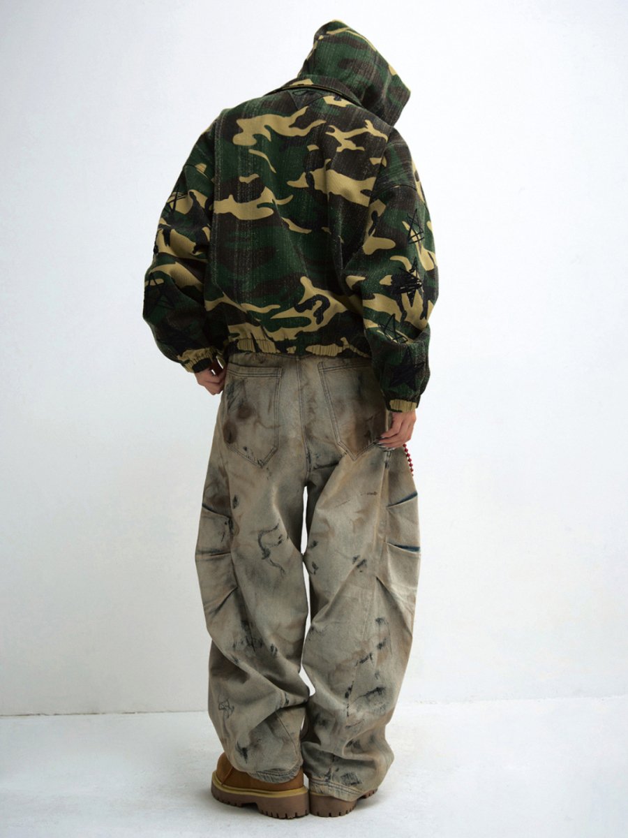 Washed Aged Wide-Leg Cargo Jeans
