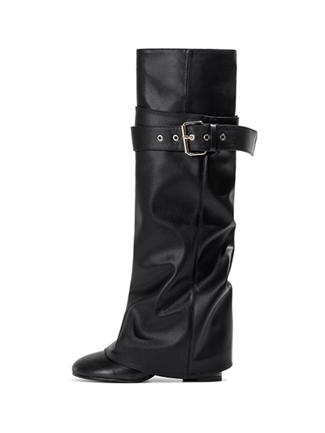 Black Foldover Knee-High Heeled Boots