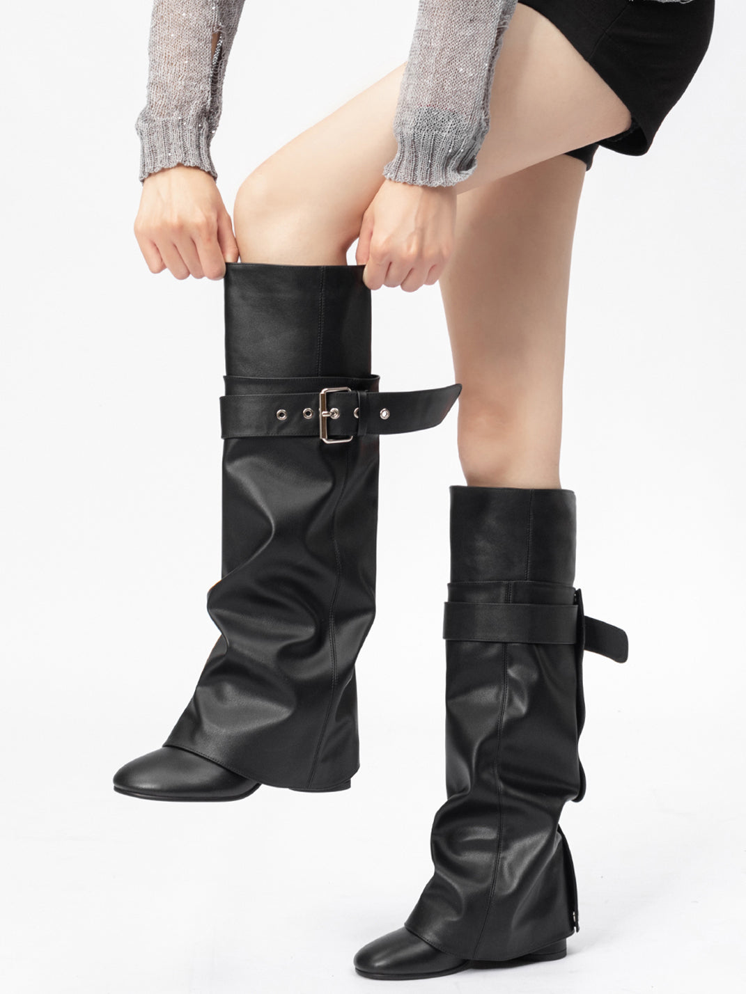 Black Foldover Knee-High Heeled Boots