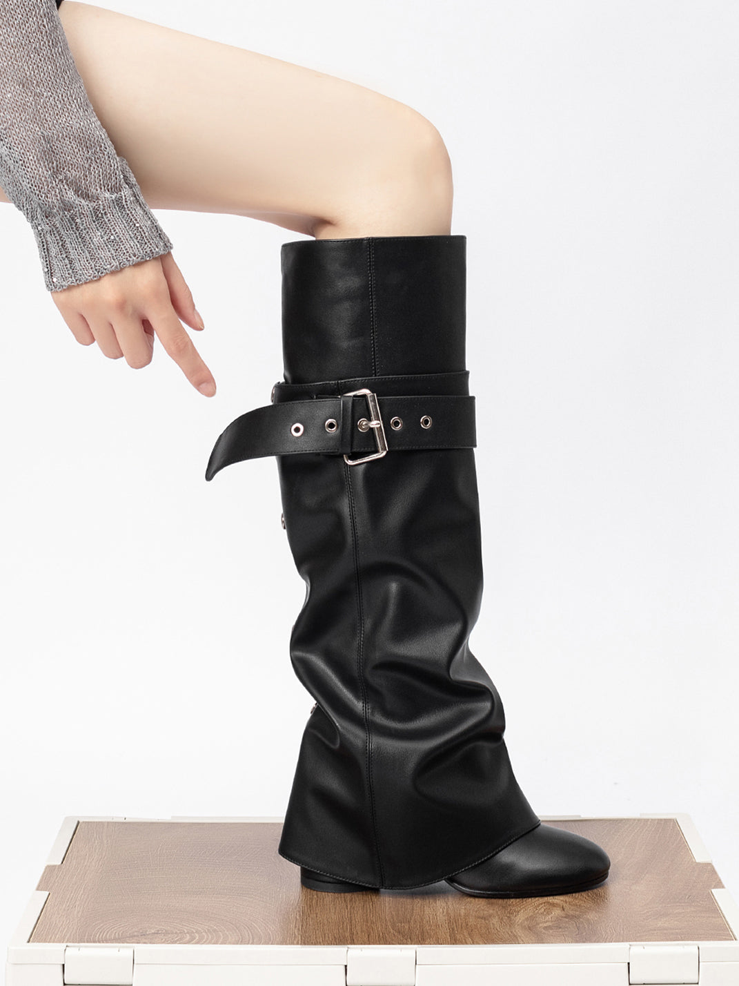 Black Foldover Knee-High Heeled Boots