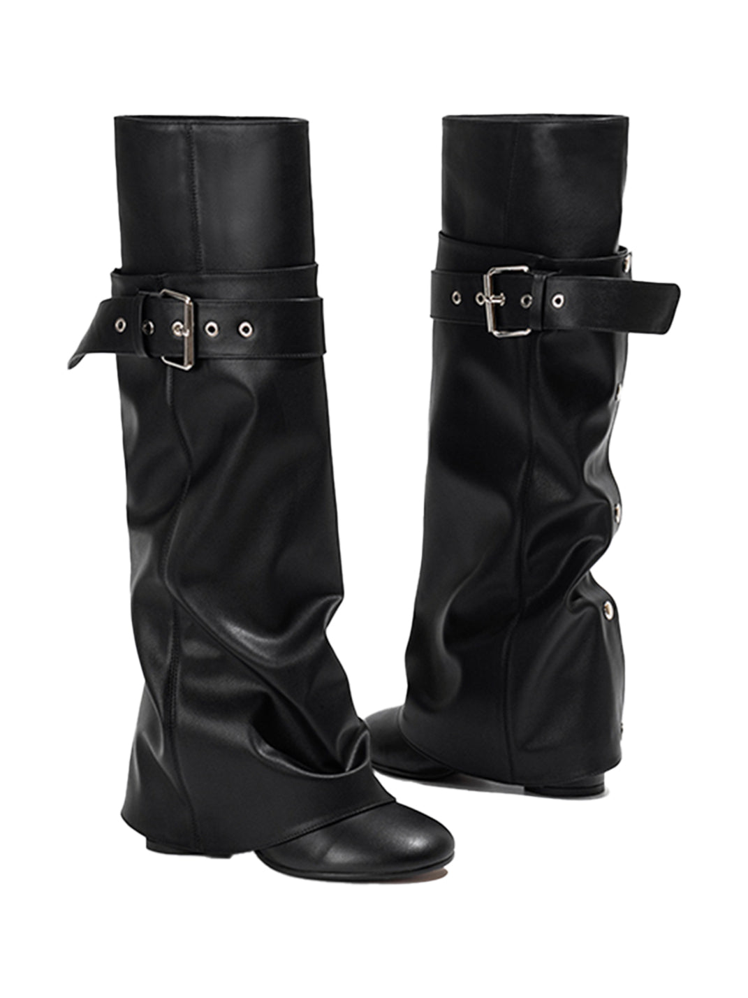 Black Foldover Knee-High Heeled Boots