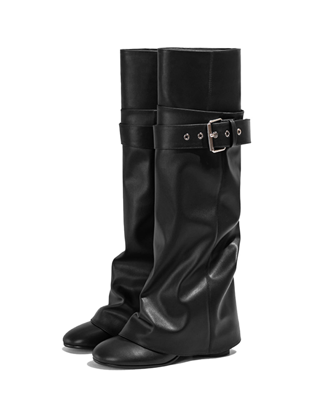 Black Foldover Knee-High Heeled Boots