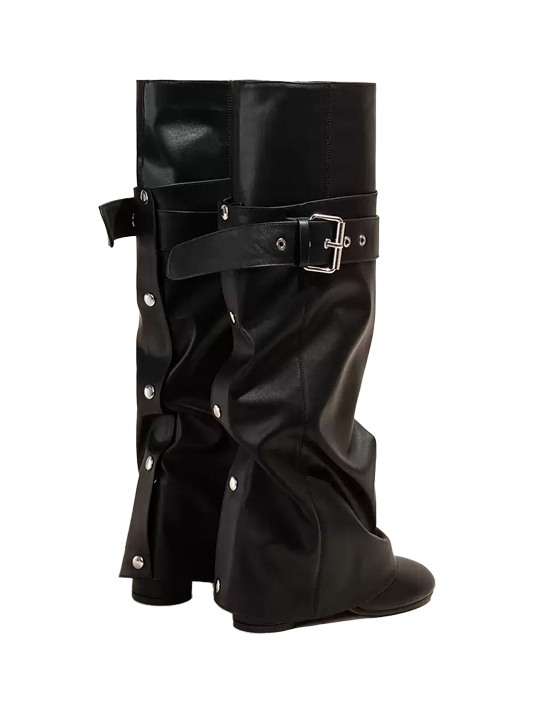 Black Foldover Knee-High Heeled Boots