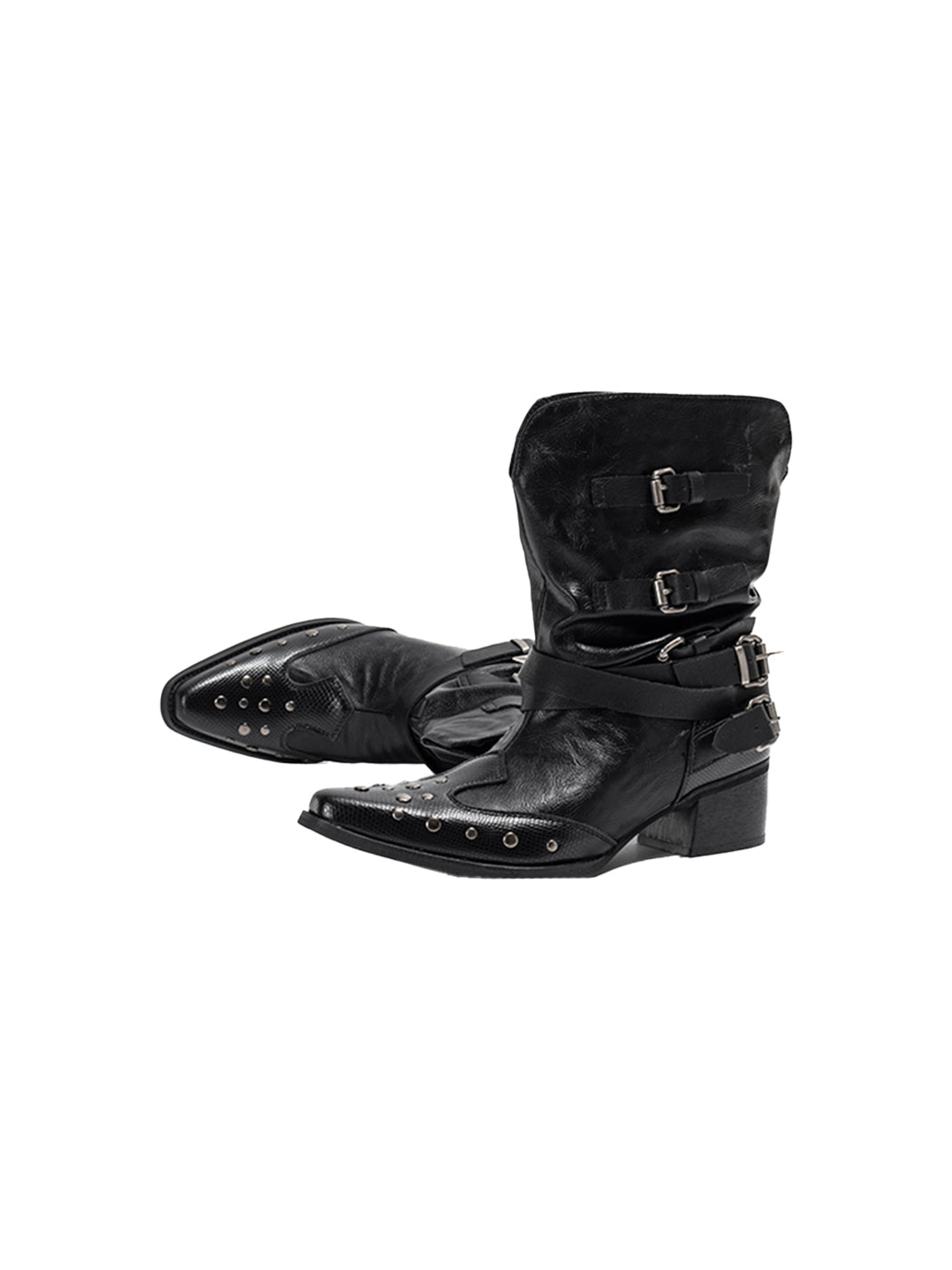 Western Buckle Pointed Ankle Boots