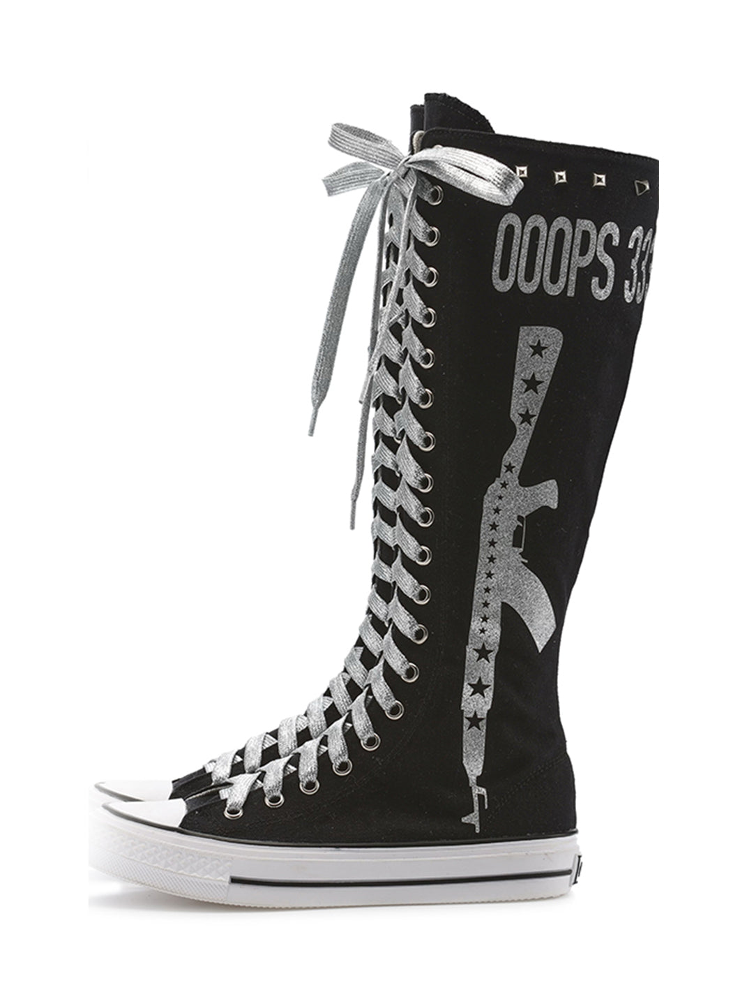 Studded Graphic Canvas Knee-High Boots - Skipkicks