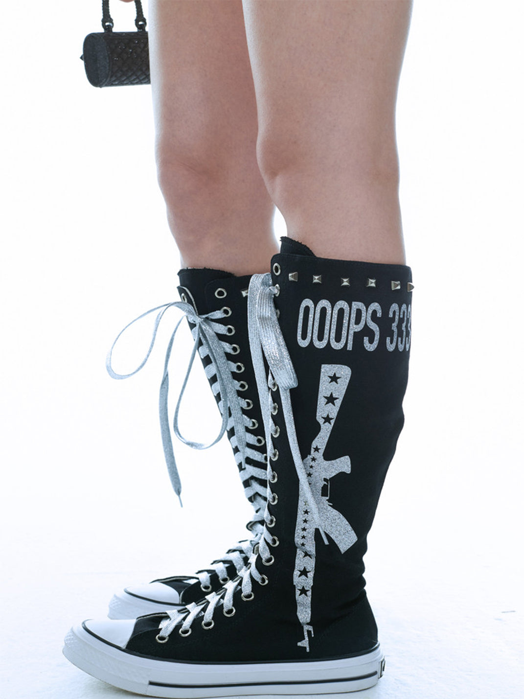 Studded Graphic Canvas Knee-High Boots - Skipkicks