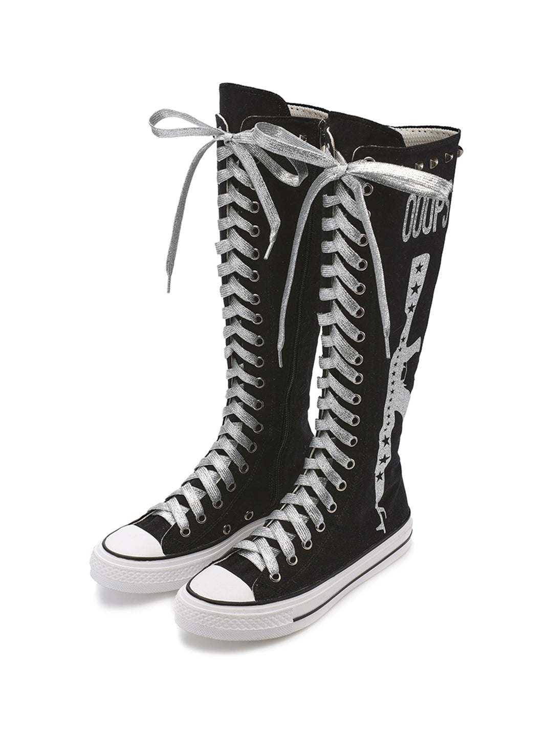 Studded Graphic Canvas Knee-High Boots - Skipkicks