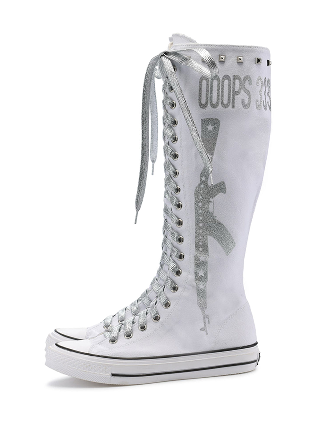 Studded Graphic Canvas Knee-High Boots - Skipkicks