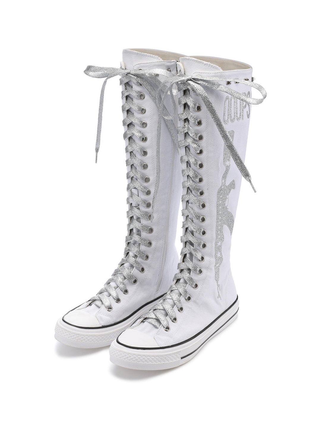 Studded Graphic Canvas Knee-High Boots - Skipkicks