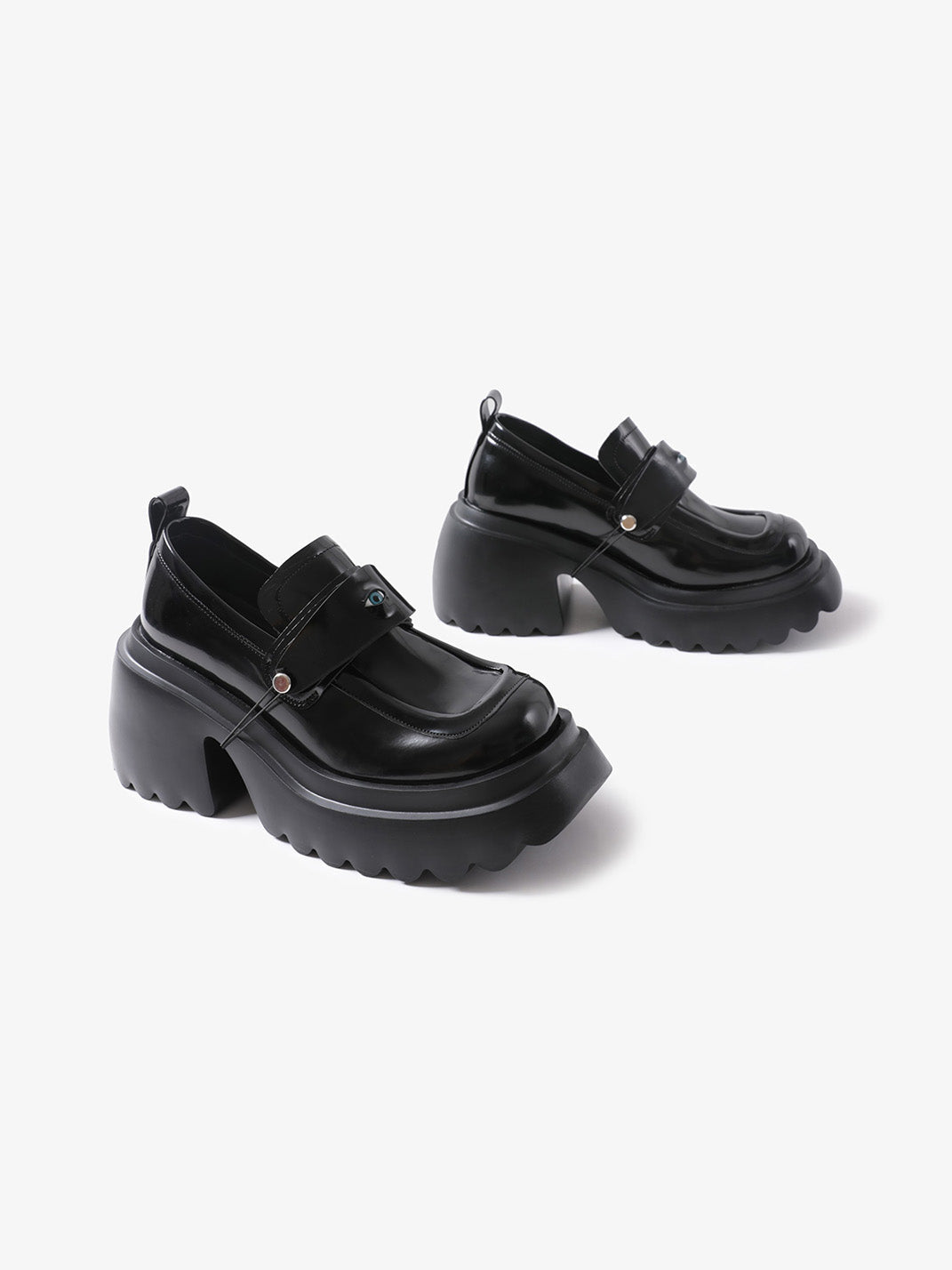 Black Ocular-Accent Lug-Sole Loafers - Skipkicks
