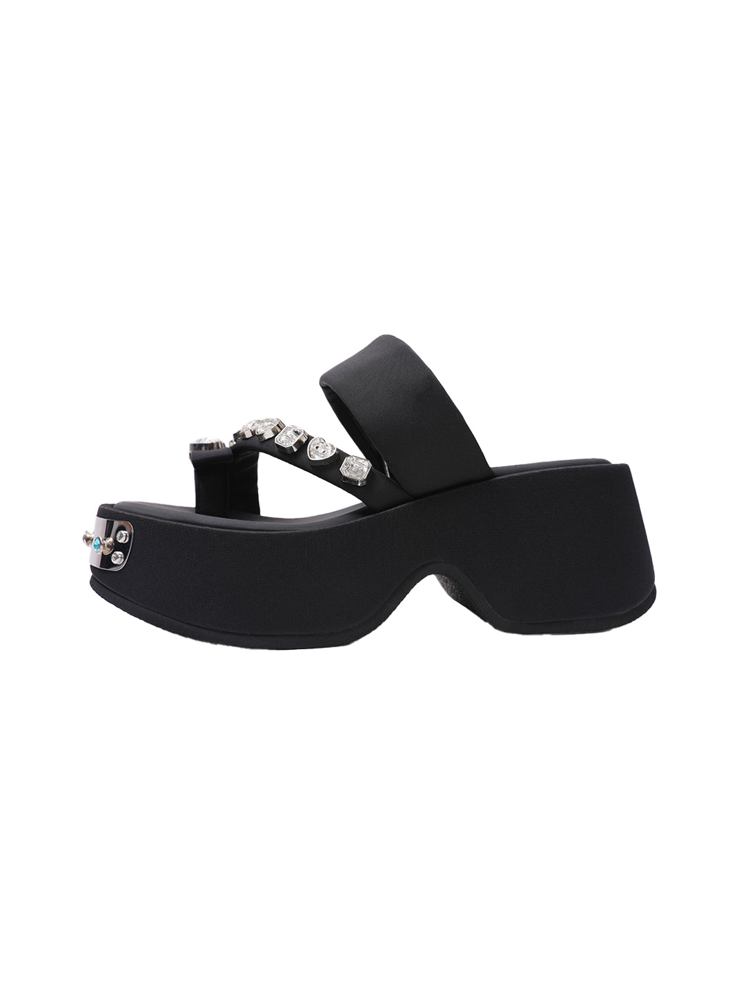 Black Crystal-Trim Toe-Post Platform Slides - Skipkicks