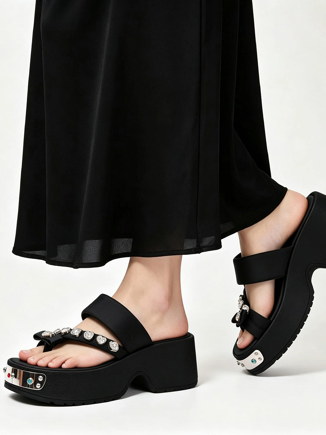 Black Crystal-Trim Toe-Post Platform Slides - Skipkicks