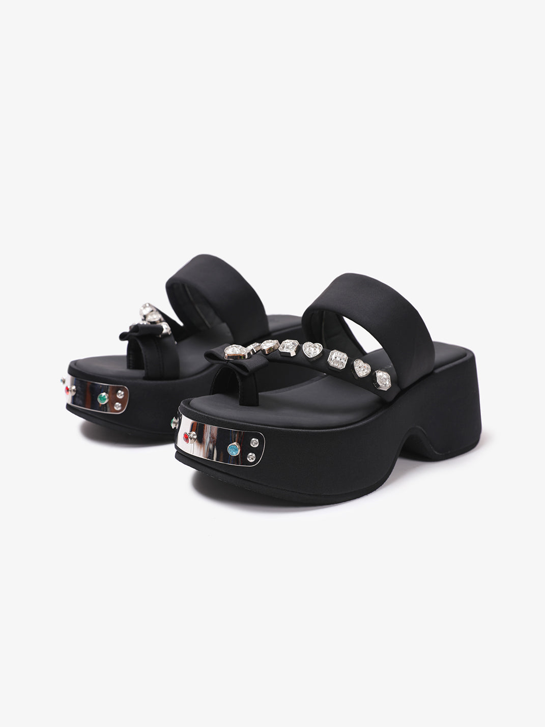 Black Crystal-Trim Toe-Post Platform Slides - Skipkicks