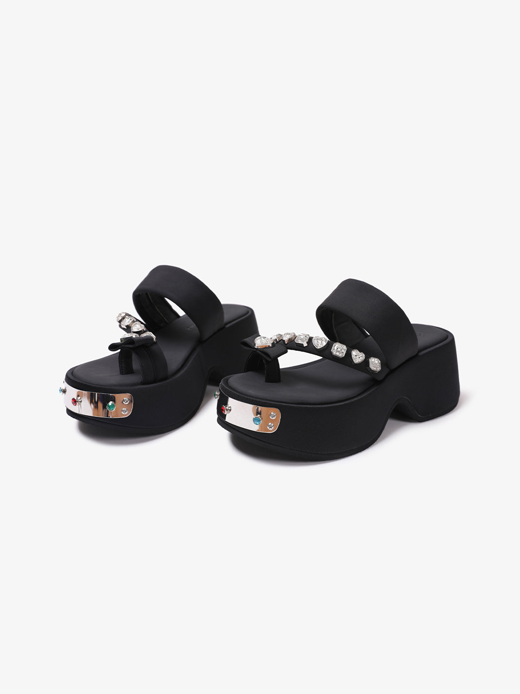 Black Crystal-Trim Toe-Post Platform Slides - Skipkicks