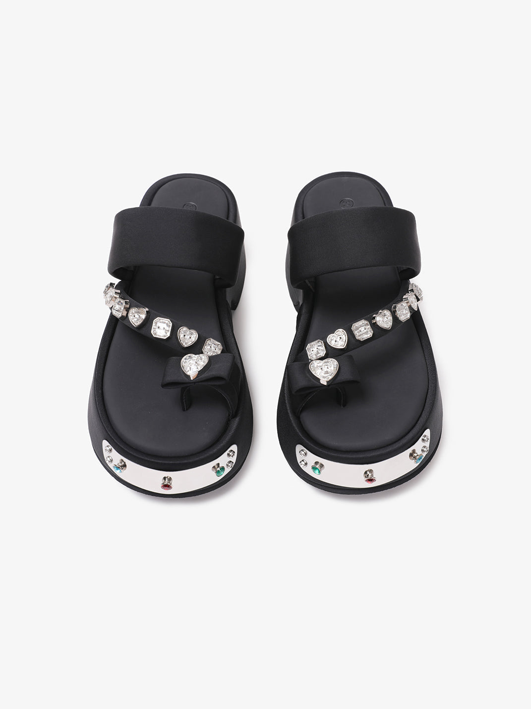 Black Crystal-Trim Toe-Post Platform Slides - Skipkicks