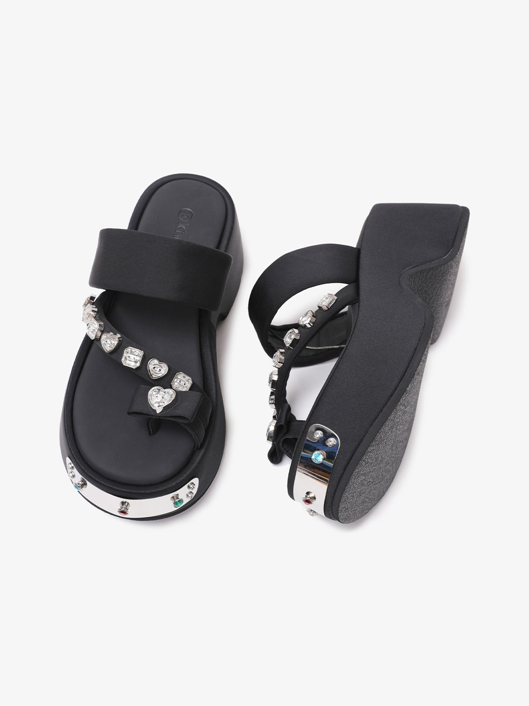 Black Crystal-Trim Toe-Post Platform Slides - Skipkicks