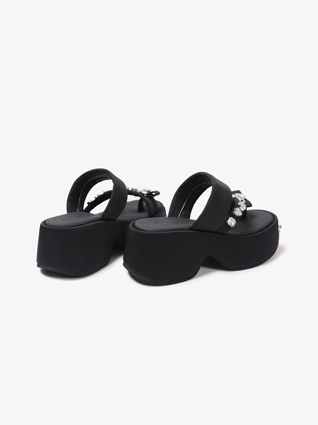 Black Crystal-Trim Toe-Post Platform Slides - Skipkicks
